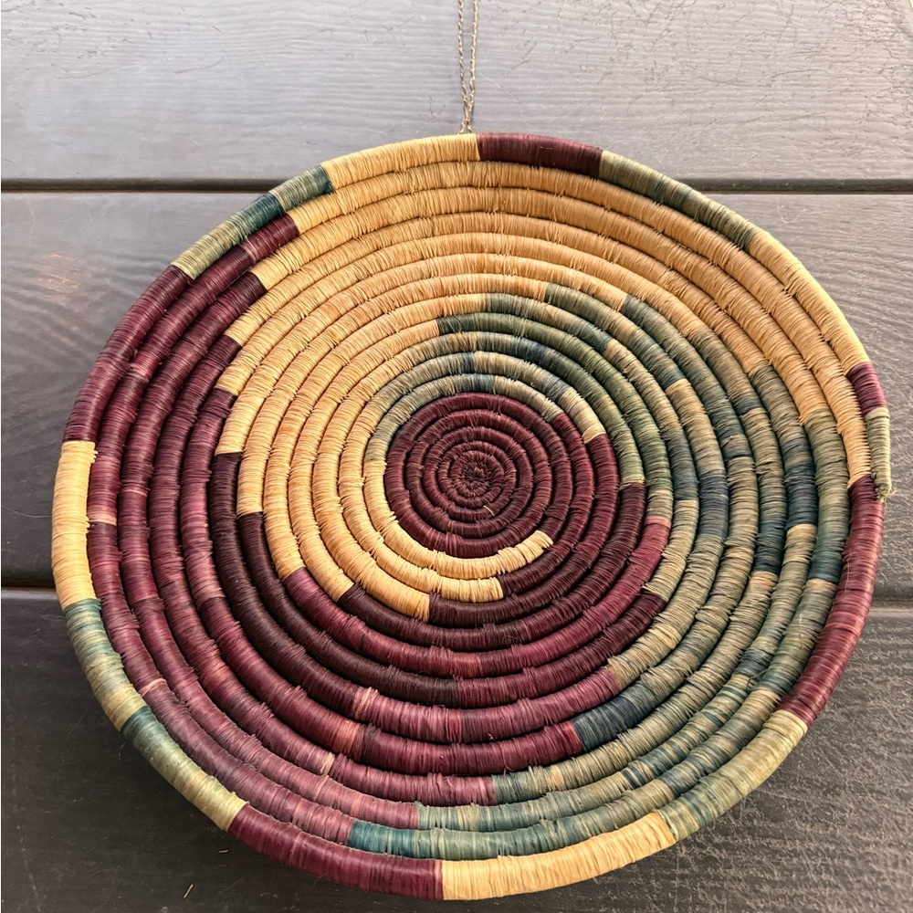 Handwoven African weave 15inch Round Wall Basket in Burgundy, Cream & Teal